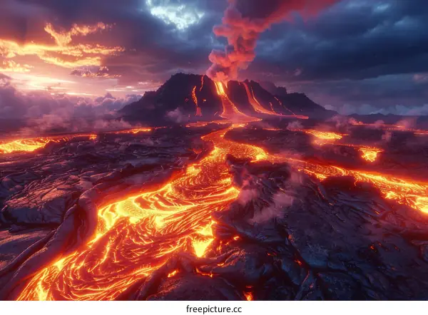 Molten Lava Flowing Down a Volcano