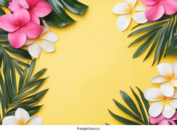 Tropical Floral Background With Palm Leaves On Yellow Background