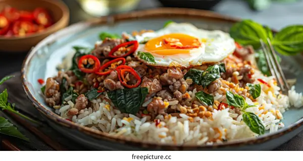 Stir-fried rice with pork and basil leaves topped with a fried egg