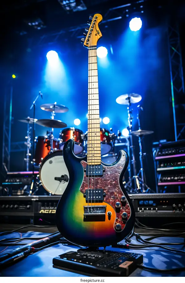Electric Guitar on Stage with Drum Kit