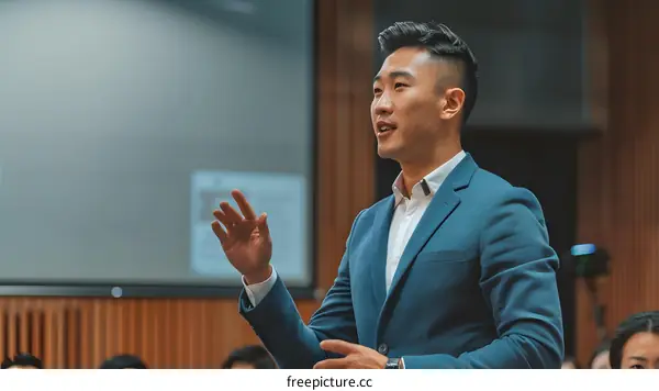 Asian Man Speaking in Business Conference