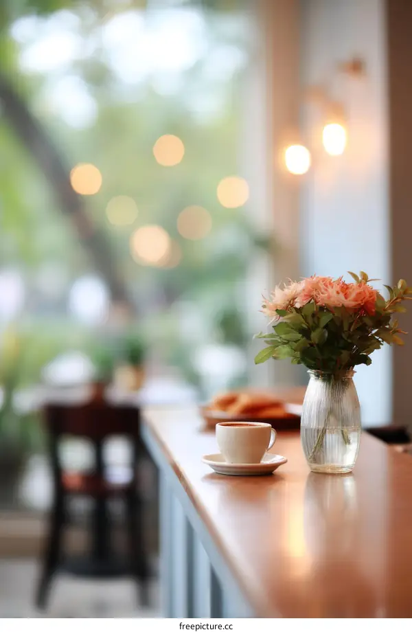 Cozy Cafe Interior with Coffee and Flowers