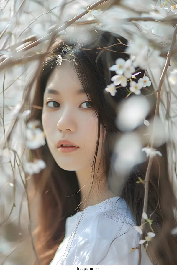 Young Asian Woman with White Flowers