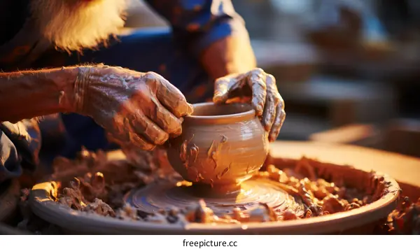 A potter shapes a clay pot on a pottery wheel