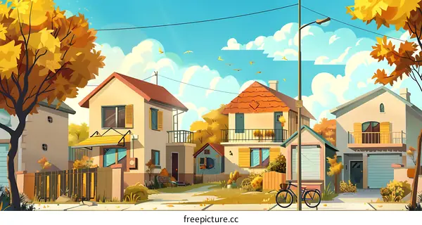 Autumn Day in Suburbia: Colorful Houses and a Bike