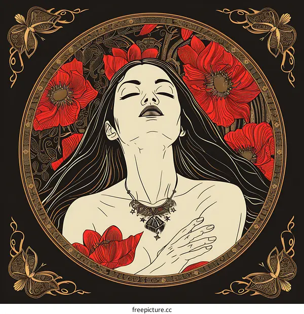 Woman with Flowers and Butterflies Illustration