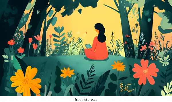 Woman Reading in a Forest with Flowers