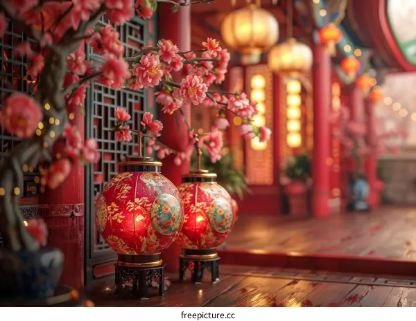 Chinese New Year Celebration with Red Lanterns and Cherry Blossoms