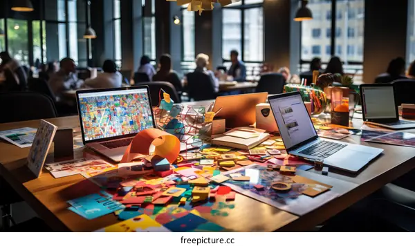 A group of people working in a creative office space