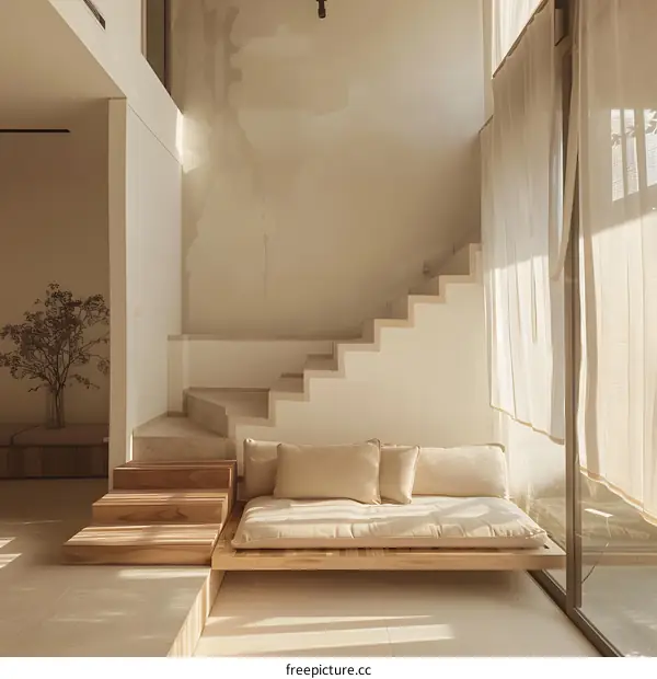 Modern Minimalist Interior Design with Wooden Couch and Stairs