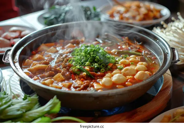 Chinese hot pot with sliced beef, meatballs and quail eggs