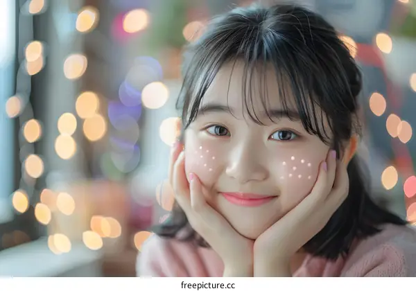 Smiling Asian Girl Portrait With White Dots on Her Face