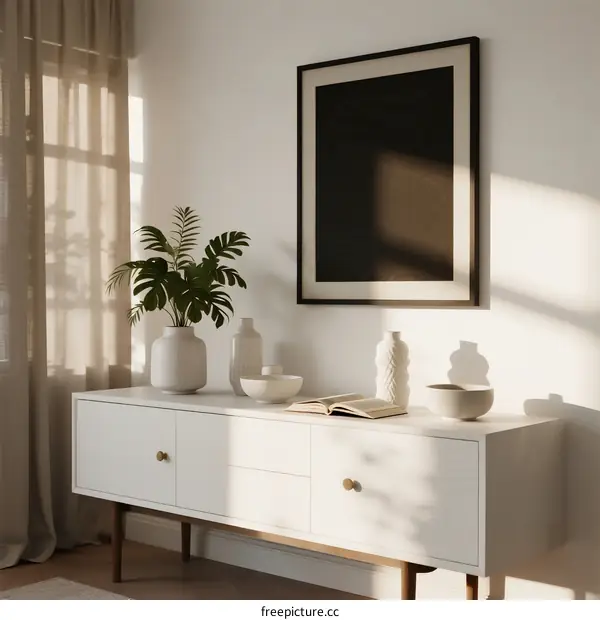 Minimalist White Sideboard with Potted Plant and Wall Art