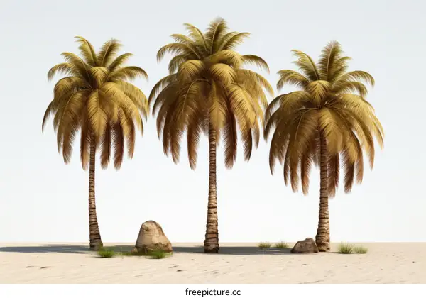 Three Palm Trees on a Sandy Beach with Rocks and Grass