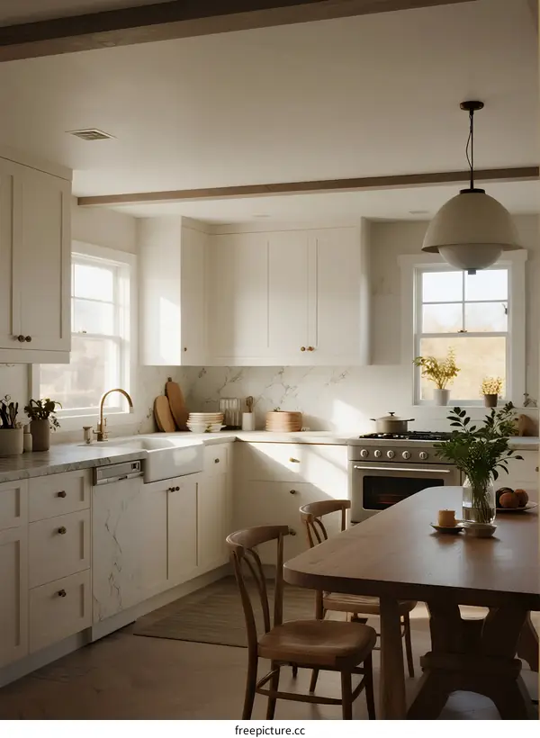 Modern Bright White Kitchen with Marble Countertop and Wooden Table