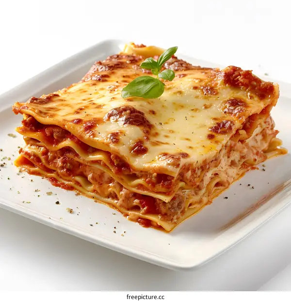 lasagna with basil on a white plate