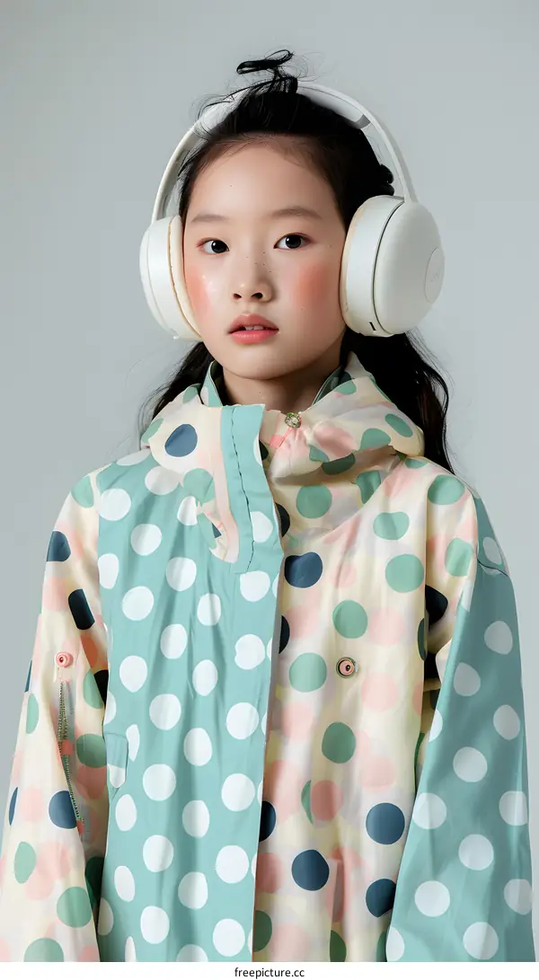 Asian Girl Wearing Polkadot Raincoat and Headphones
