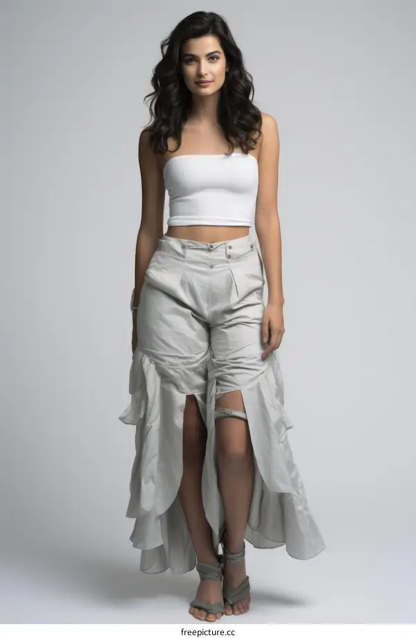 Fashion model with white bandeau and gray wide-leg pants with ruffles