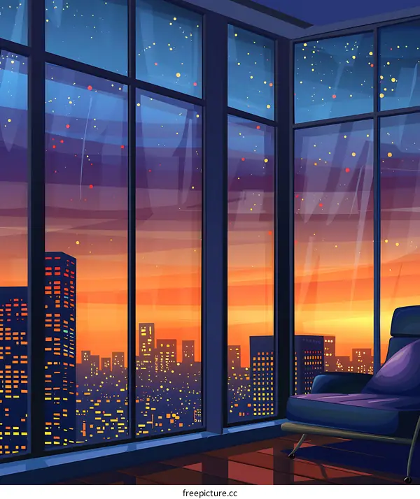 Night View From Window with Big City and Sunset Sky