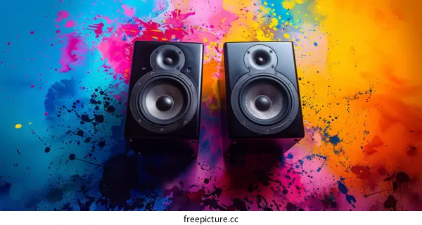 Black Speakers on Vibrant Art Background