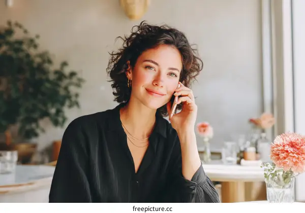 Woman Talking on Phone in Cafe