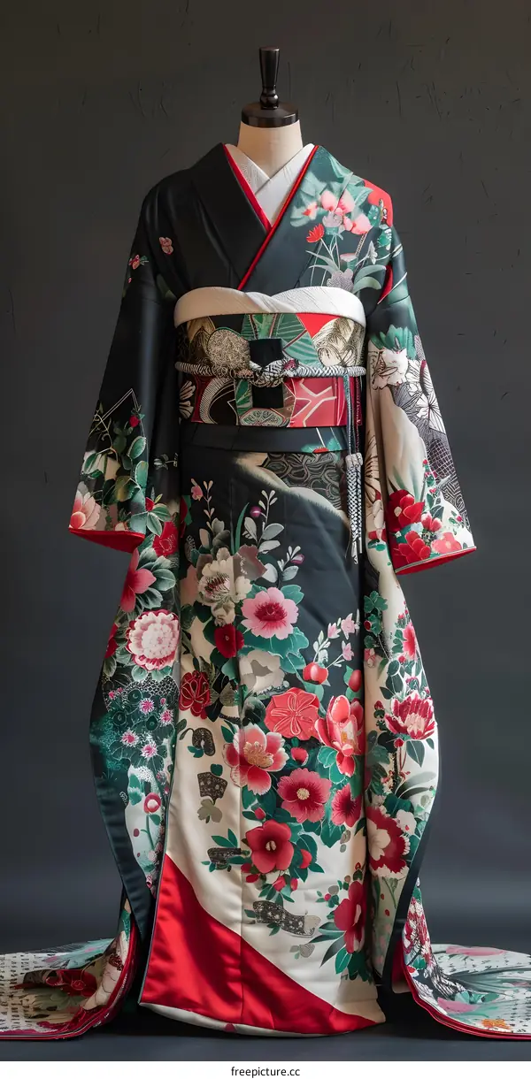 A kimono with a floral pattern and a red obi