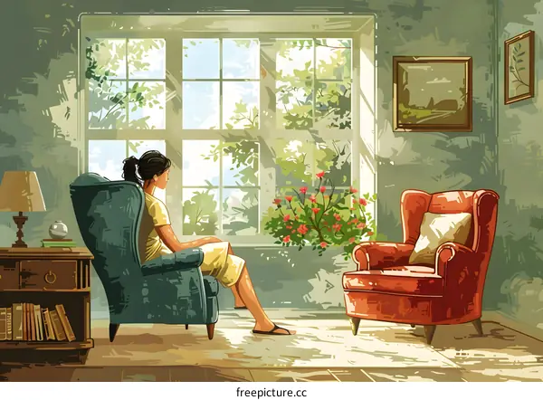 A woman sitting in a chair and looking out the window