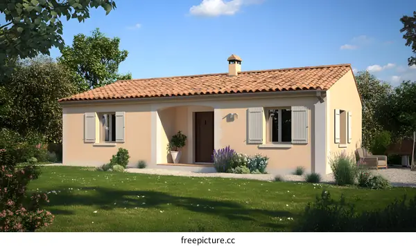 Small Beige Cottage House With Brown Roof And Shutters