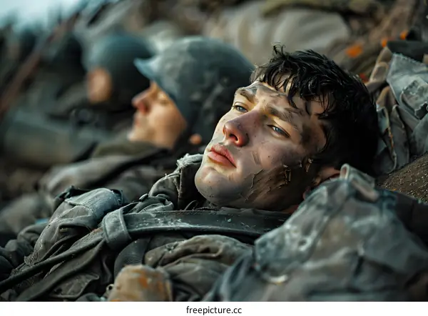 A soldier stares off into the distance, his face is dirty and he is wearing a helmet.