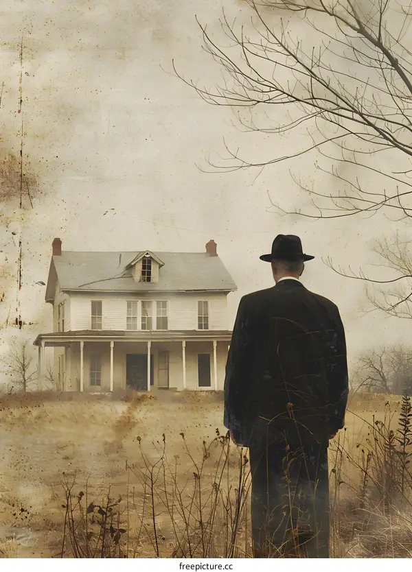 Man in a field looking at an old house