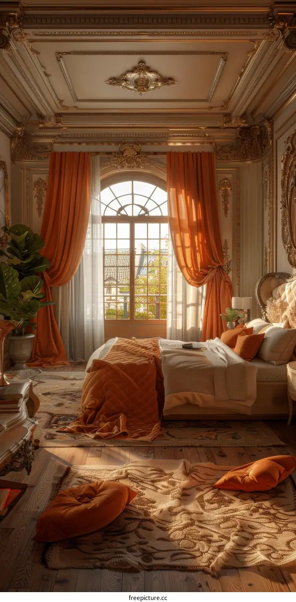 Luxurious Elegant Interior Bedroom with Orange Curtains