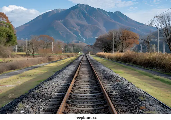 Railway tracks through a rural landscape with a mountain in the distance