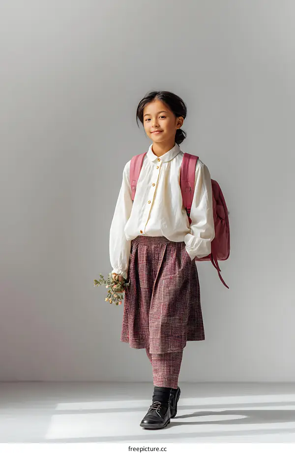 Smiling Girl in School Uniform with Backpack