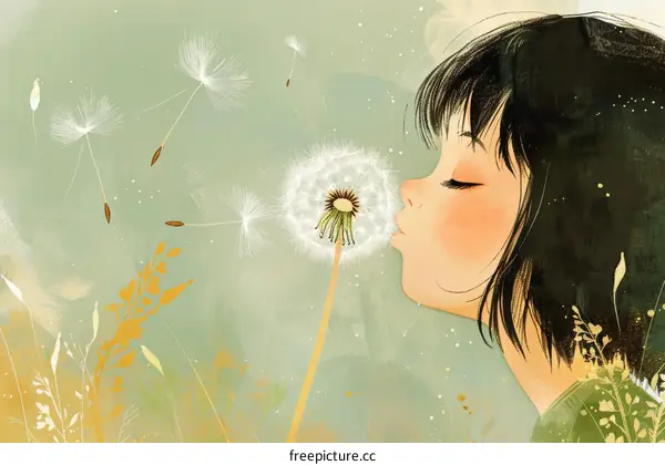 Little Girl Blowing Dandelion Seeds in a Summer Field