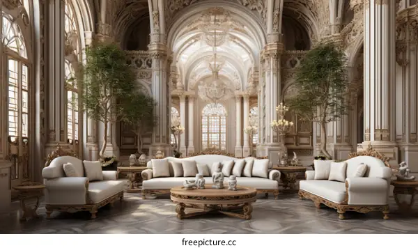 Ornate Hallway with Trees and Sofas