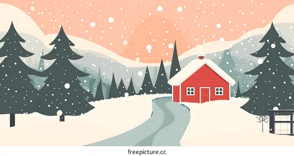 Snowy Landscape with Red Cabin and Pine Trees