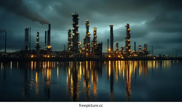 Oil Refinery Plant Facility at Night with Lights Reflecting in the Water