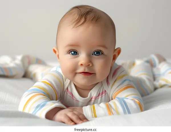 Adorable Baby Girl Lying On Stomach Looking Up With Big Blue Eyes