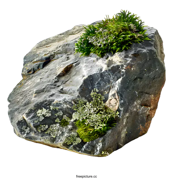 [Transparent Background PNG]Large Gray Rock With Green Moss And Lichen Isolated On White Background
