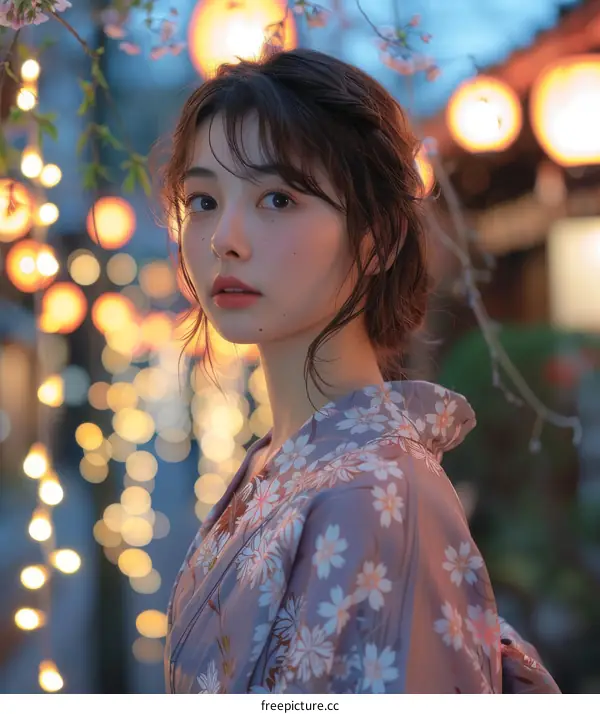 Asian Woman in Traditional Japanese Kimono at Cherry Blossom Season