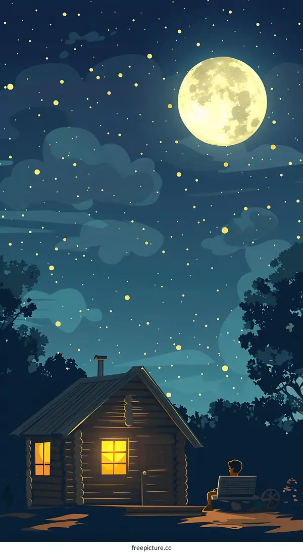 Night Sky Cabin Silhouette with Person Sitting on Bench Under the Full Moon