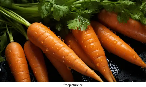 Fresh organic carrots with green leaves on a black background