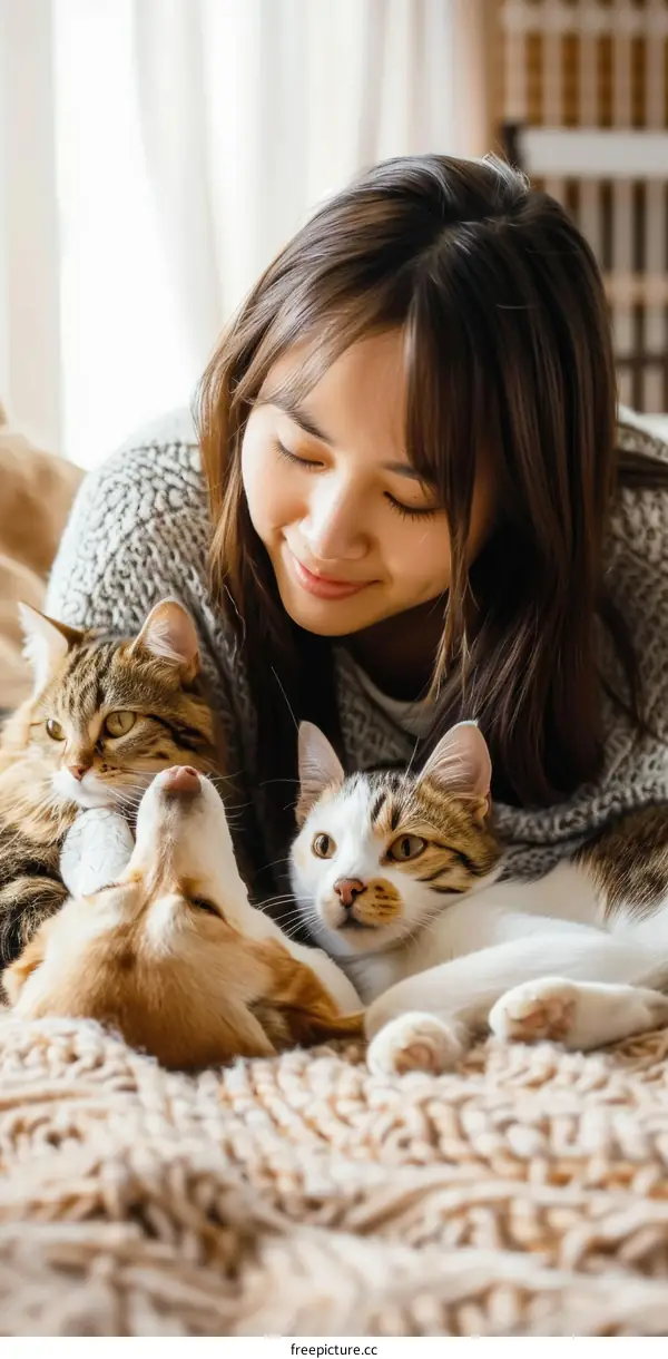 Woman Spending Quality Time with Her Pets