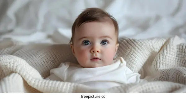 Adorable Baby Girl With Big Blue Eyes Wrapped in White Blanket