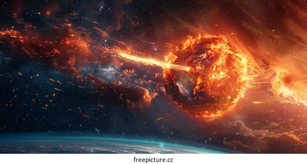 Fiery Planet Collision in Space Galaxy Universe