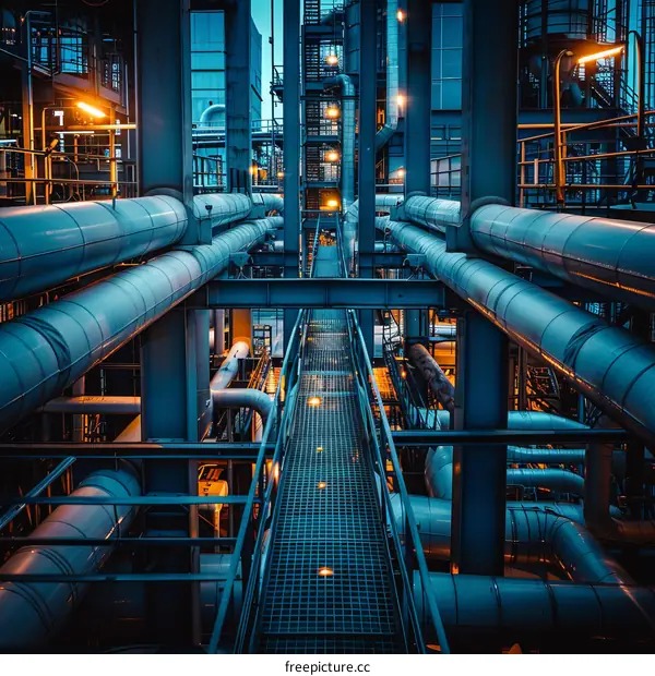 The maze of pipes and catwalks in an industrial building