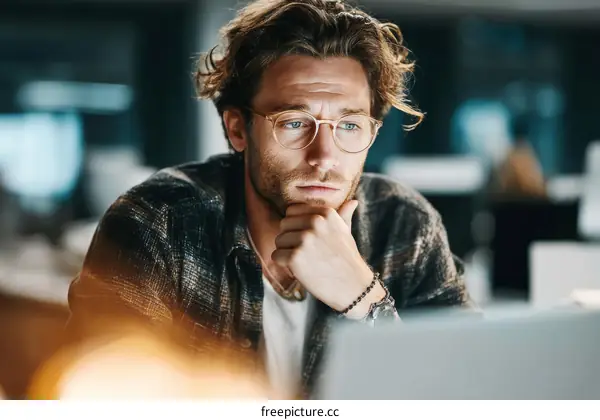 Concentrated Man Working on Laptop in Office