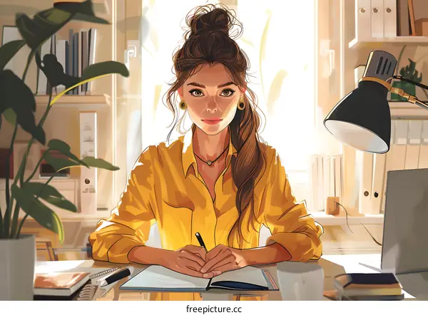 A young woman is sitting at her desk, writing in her journal.