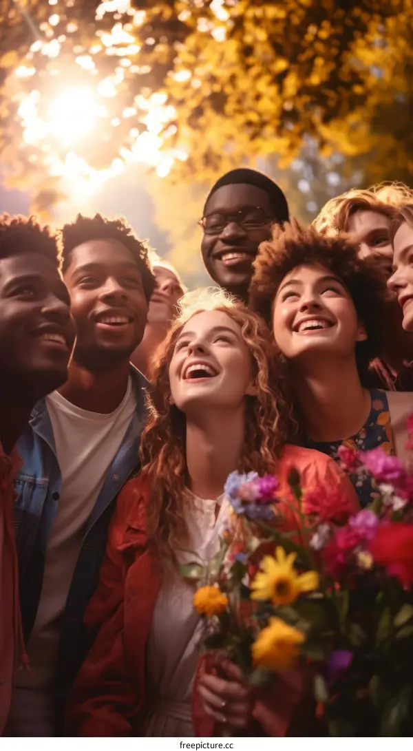 A group of diverse friends enjoying the sunshine in the park