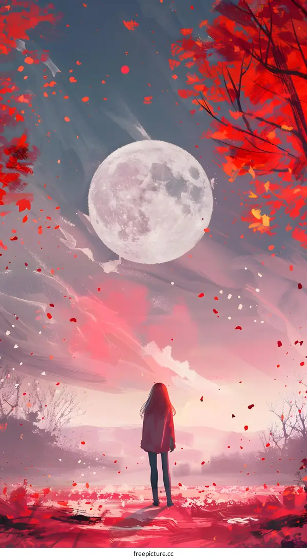 Woman Standing In Red Landscape With Full Moon